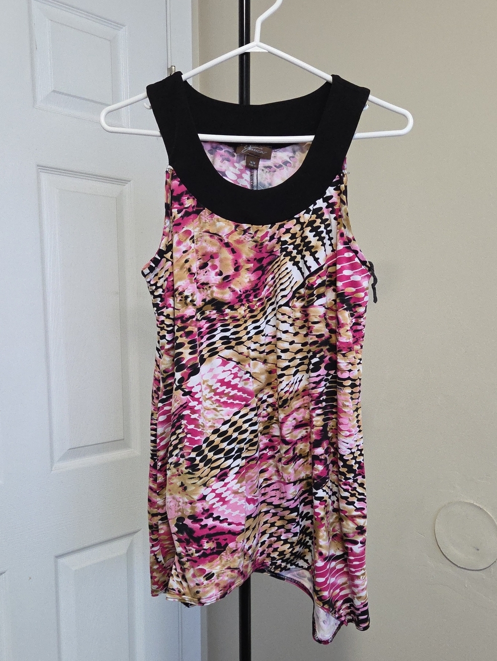 Jessica Sleeveless Printed Tank Top with Black Trim - Pink Multi